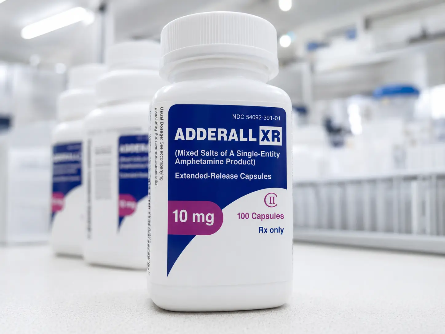 Fles Adderall XR 10 mg extended-release capsules met Schedule II-aanduiding - dit amfetaminegebaseerd ADHD-medicijn is in Nederland niet verkrijgbaar