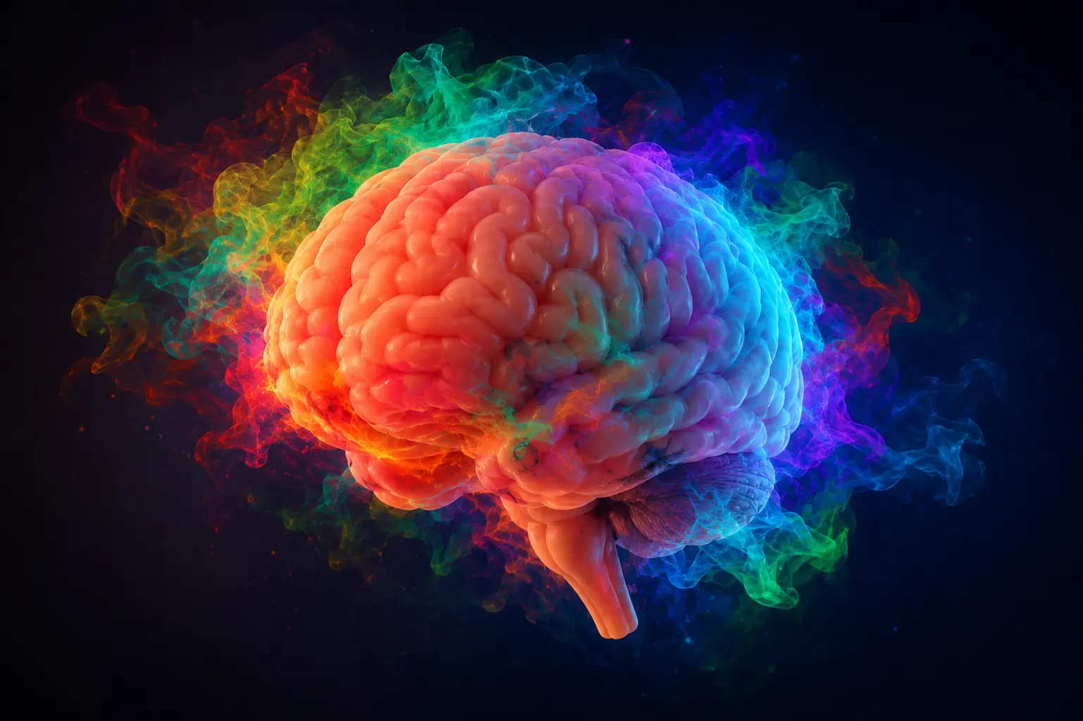 Kleurrijke illustratie van hersenen omgeven door veelkleurige rookwolken die neurotransmitteractiviteit weergeven