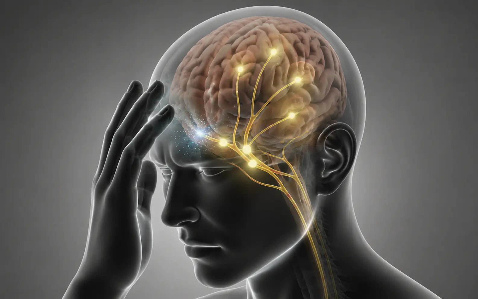 Anatomische illustratie van hersenen met oplichtende zenuwbanen die dopamineoverdracht tonen